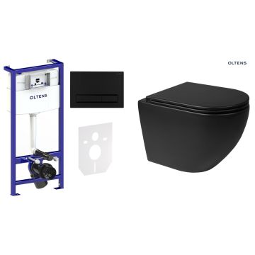 Zestaw Oltens Triberg Hamnes Torne 7w1 stelaż podtynkowy miska z deską 42514300 i przycisk spłukujący czarny mat